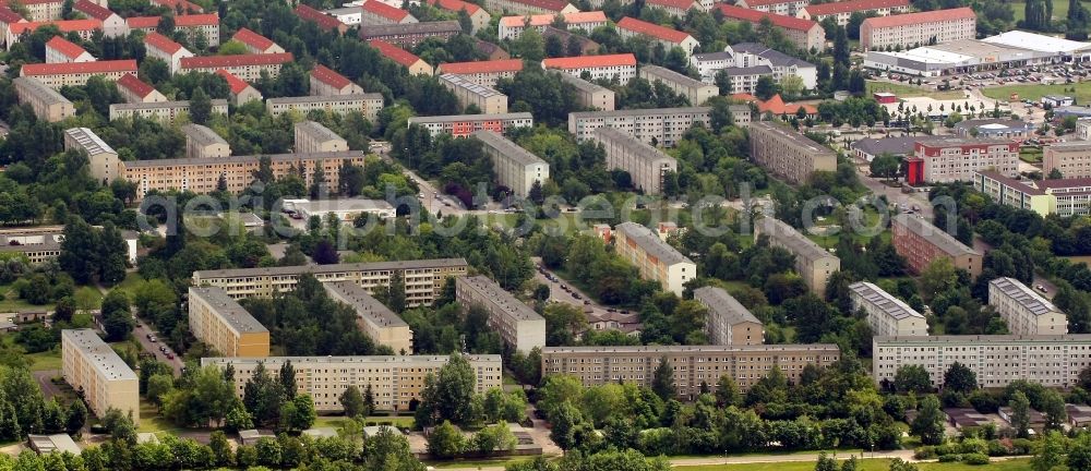 Aerial image Wolfen - Skyscrapers in the residential area of industrially manufactured settlement in Wolfen in the state Saxony-Anhalt, Germany