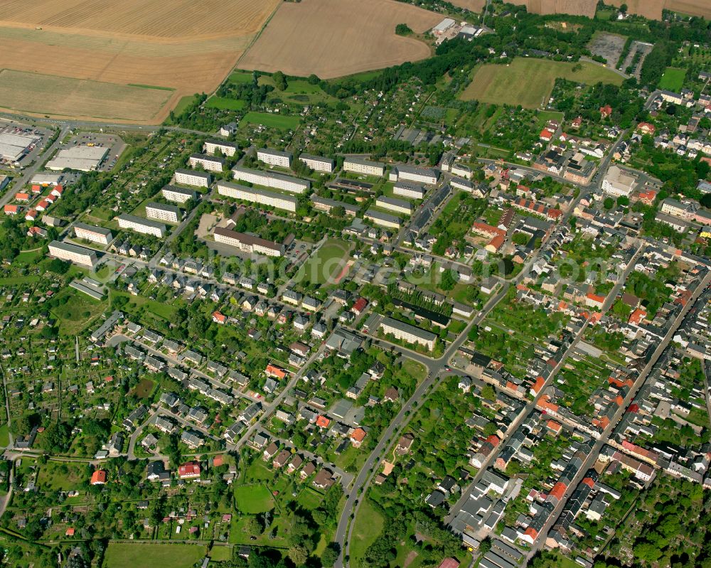 Zeulenroda-Triebes from the bird's eye view: Skyscrapers in the residential area of industrially manufactured settlement in Zeulenroda-Triebes in the state Thuringia, Germany