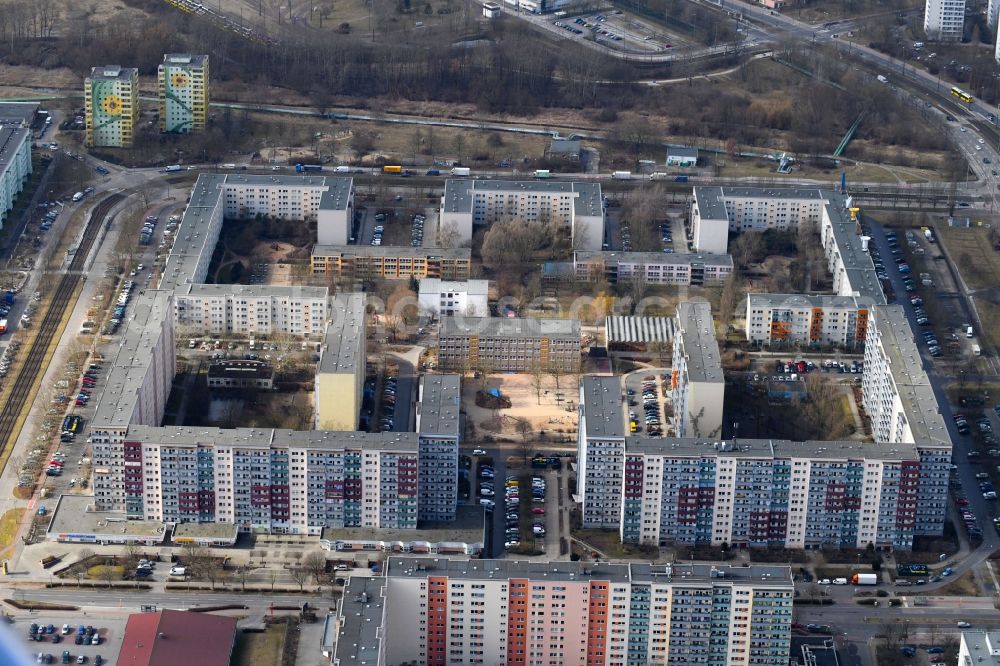 Berlin from above - Skyscrapers in the residential area of industrially manufactured settlement Zossener and Ludwigsfelder Strasse in the district Marzahn-Hellersdorf in Berlin, Germany