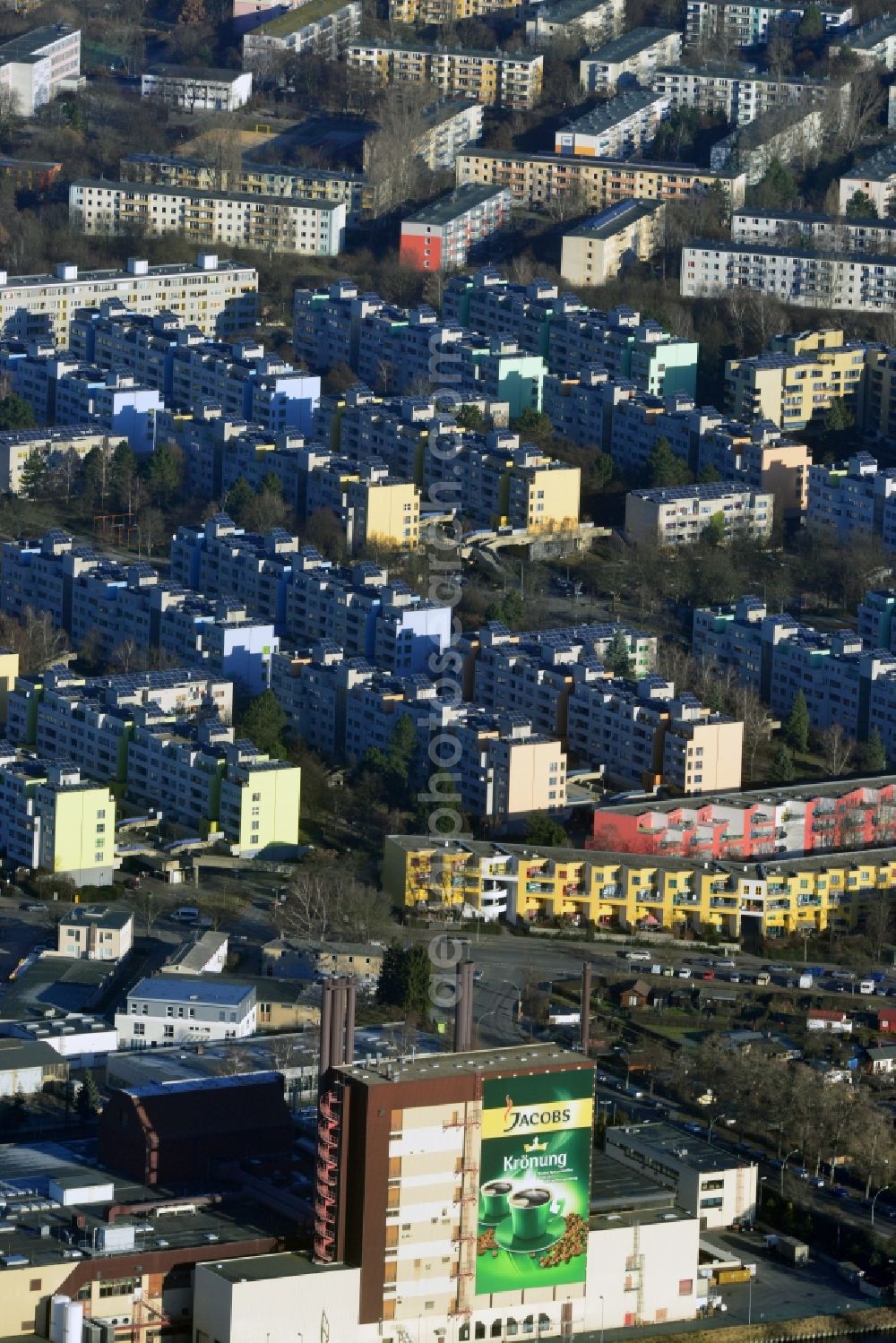 Berlin from above - View of prefabricated residential construction in Berlin - Neukölln. The housing was built on the former industrial outskirts of West Berlin with the participation of many GDR construction companies, which were used to obtain foreign currency in the former West Berlin