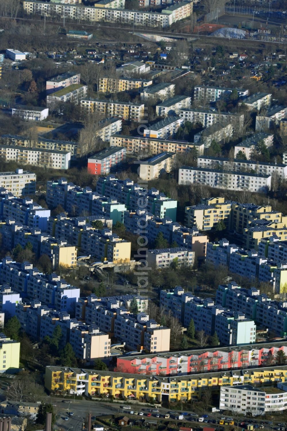 Berlin from the bird's eye view: View of prefabricated residential construction in Berlin - Neukölln. The housing was built on the former industrial outskirts of West Berlin with the participation of many GDR construction companies, which were used to obtain foreign currency in the former West Berlin