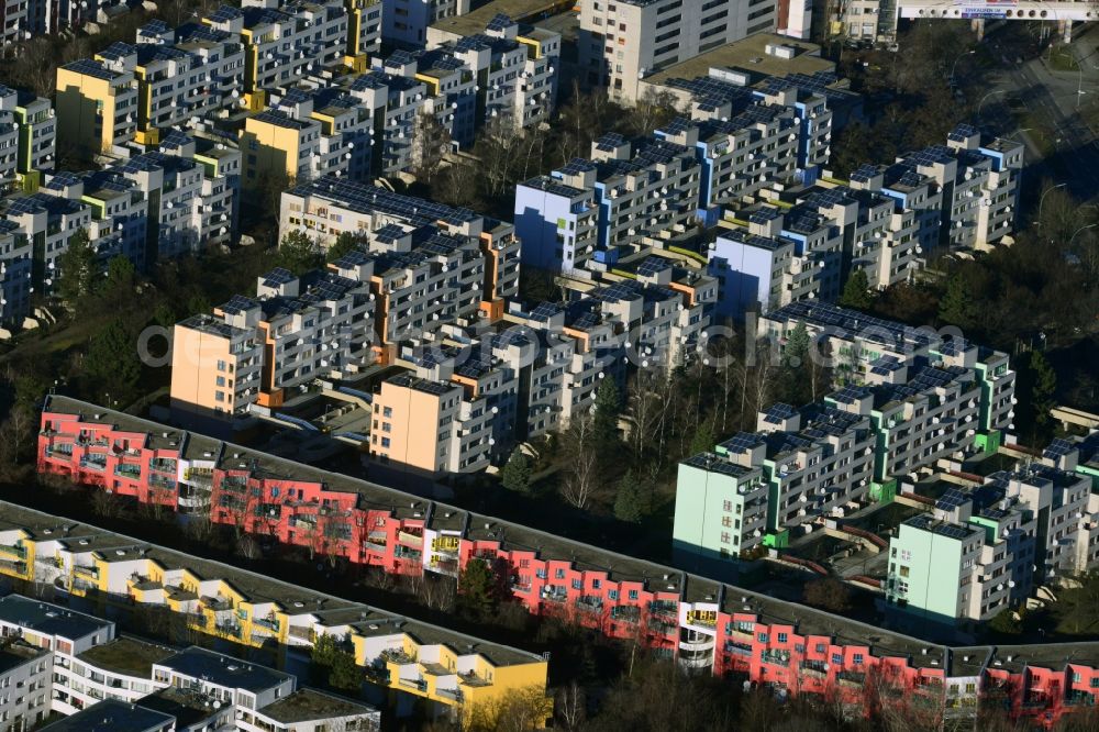 Berlin from above - View of prefabricated residential construction in Berlin - Neukölln. The housing was built on the former industrial outskirts of West Berlin with the participation of many GDR construction companies, which were used to obtain foreign currency in the former West Berlin