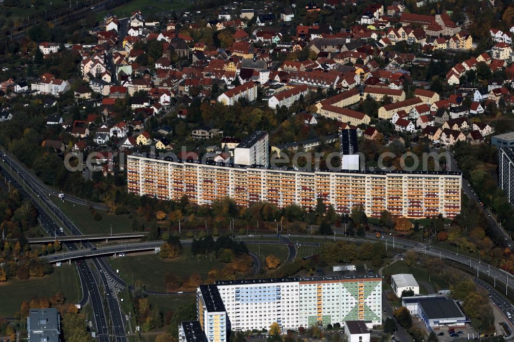 Jena from above - Industrialized apartment block at the streets Lobdeburgweg, Drackendorfer Weg, Bonhoefferstraße, Erlanger Allee and the road Stadtrodaer Straße in Jena in Thuringia