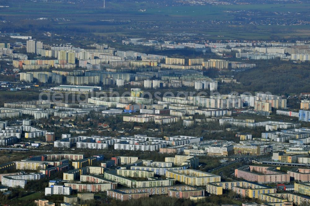 Berlin Hellersdorf Marzahn from the bird's eye view: DDR typical plate - residential areas in the districts of Hellersdorf - Marzahn, Berlin. The picture also net.art after the turn of new community center Helle Mitte in Hellersdorf