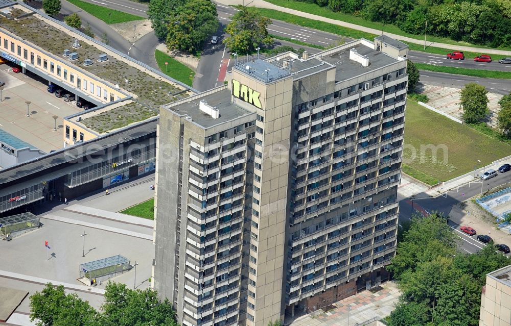 Halle / Saale from the bird's eye view: View of a high-rise apartment building on Albert Einstein St in Halle at the Saale in the district of Halle-Neustadt in Saxony-Anhalt. The building is a prefabricated building of the type Scheibe E