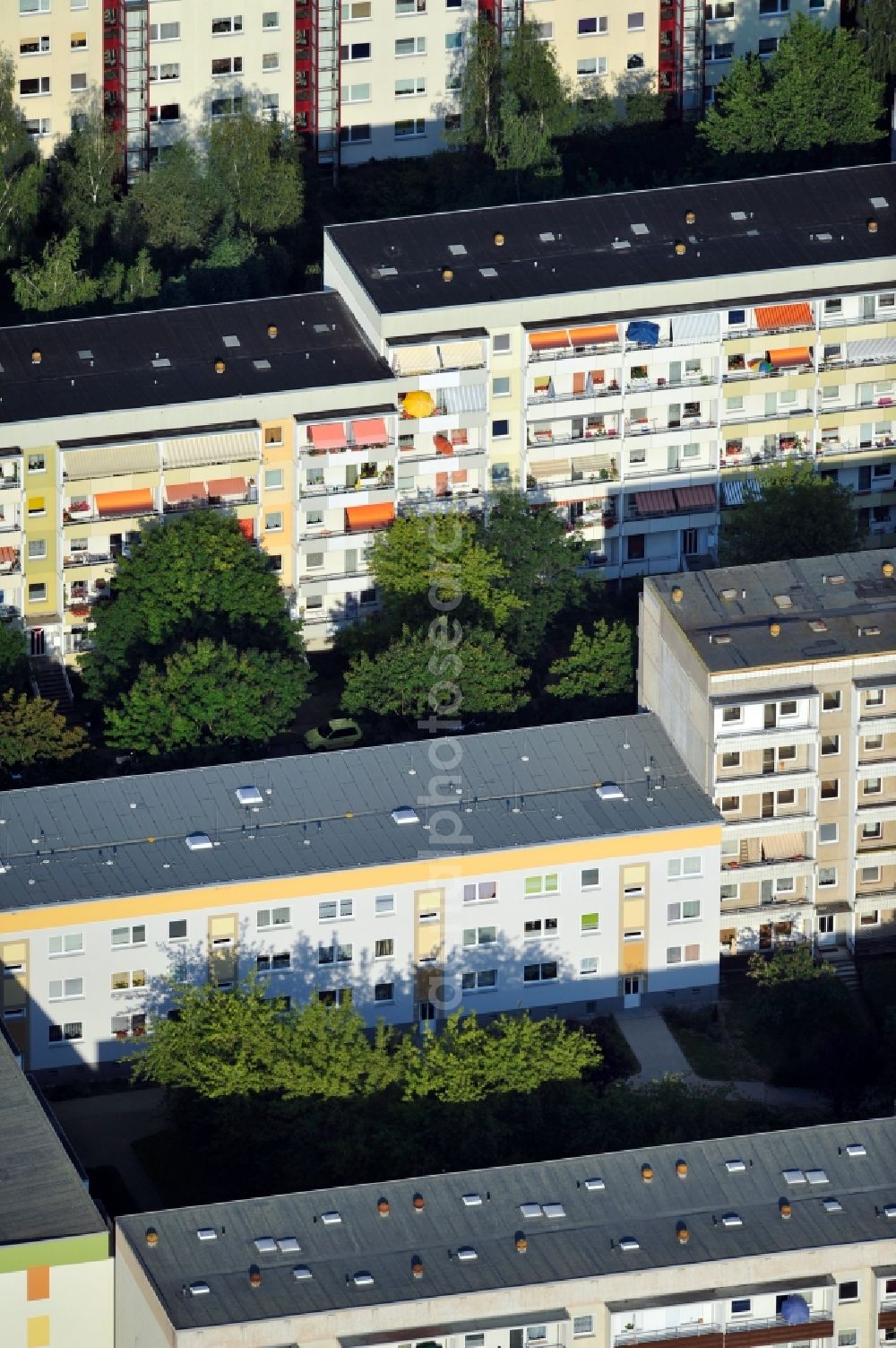 Magdeburg from above - View of building made with precast concrete slabs with changed WBS70 apartment building in Magdeburg in Saxony-Anhalt. The complex is located at the Hans-Grade-Straße