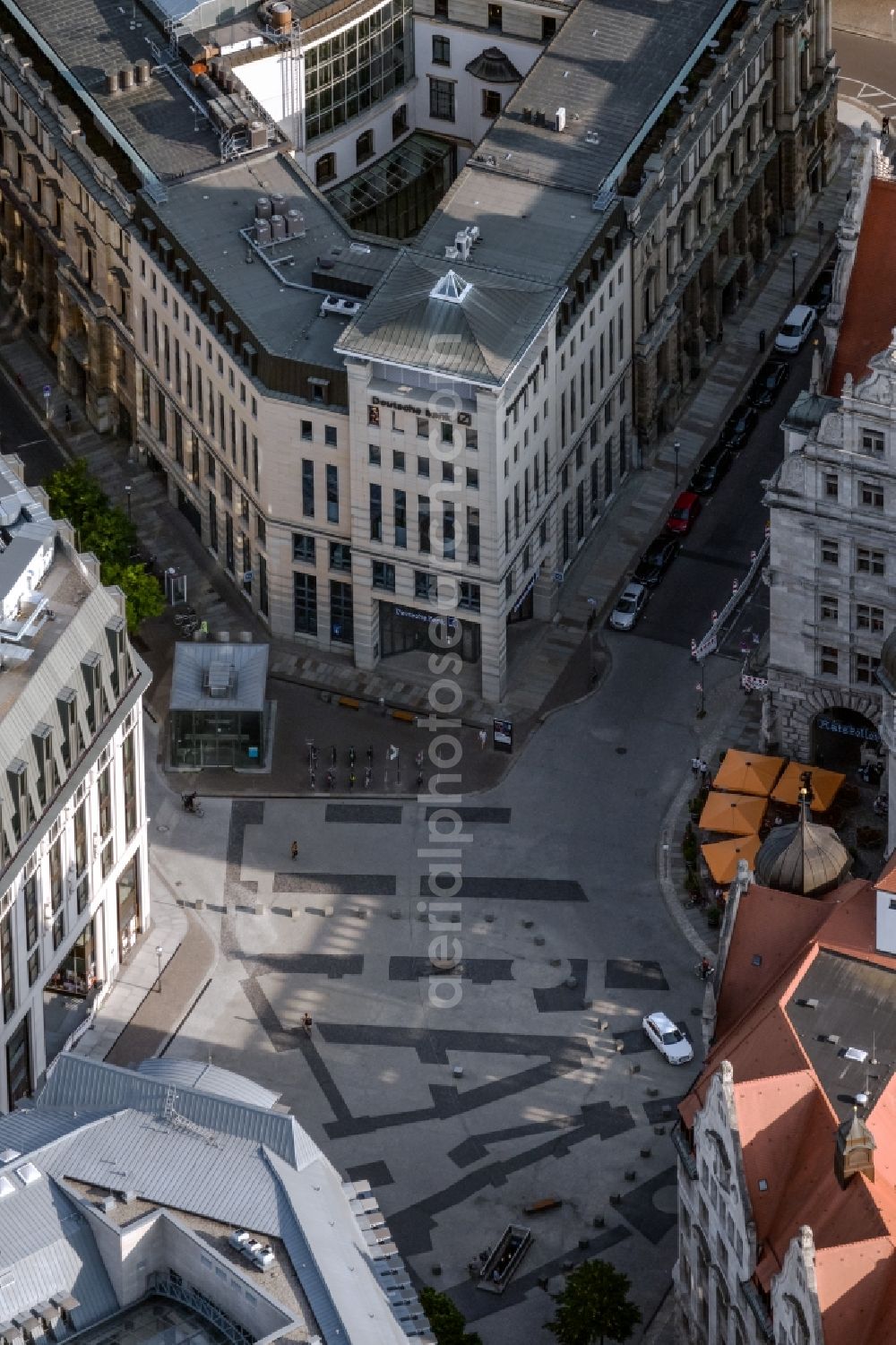 Leipzig from above - Ensemble space an place Burgplatz in the inner city center in the district Zentrum in Leipzig in the state Saxony, Germany