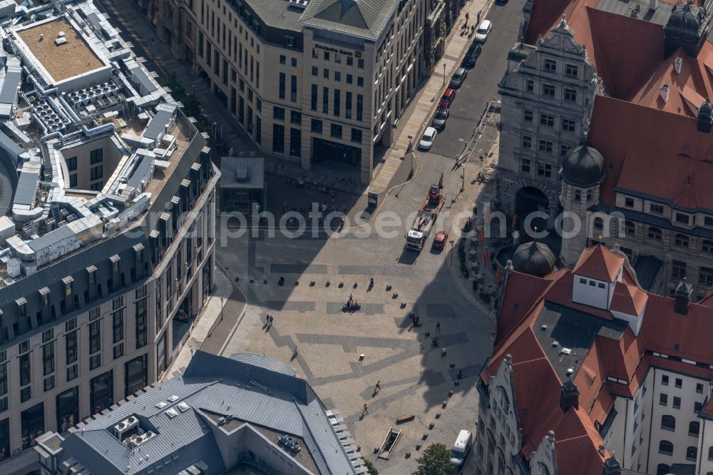 Leipzig from above - Ensemble space an place Burgplatz in the inner city center in the district Zentrum in Leipzig in the state Saxony, Germany