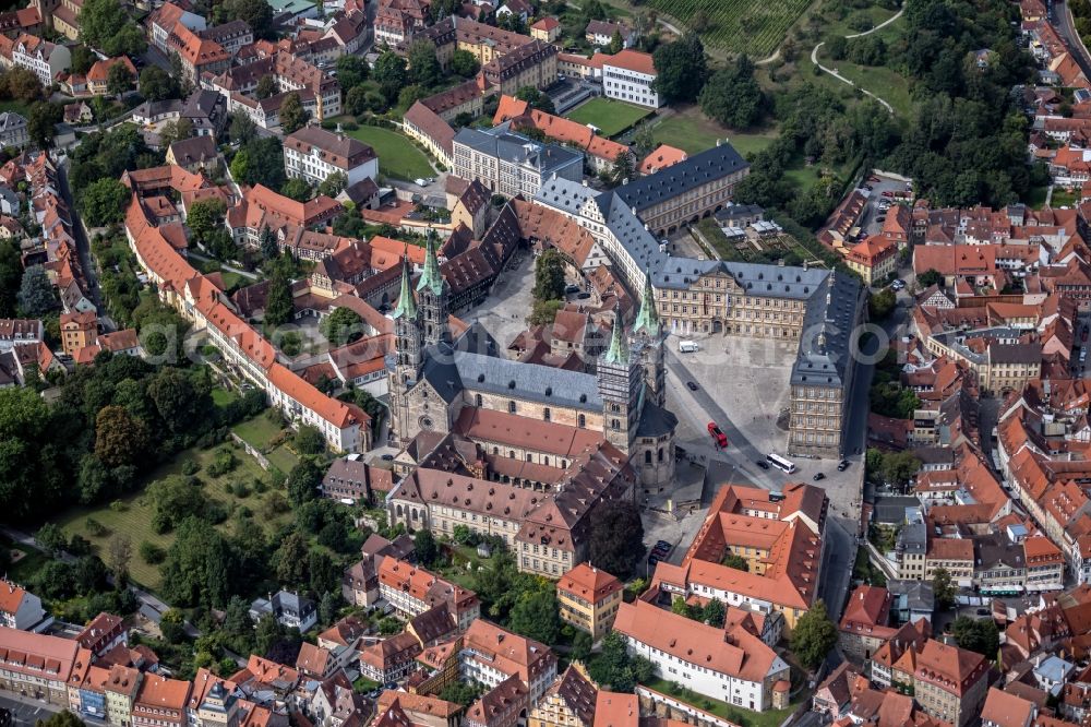 Bamberg from above - Ensemble space with cathedral and new residence in the inner city center in Bamberg in the state Bavaria, Germany