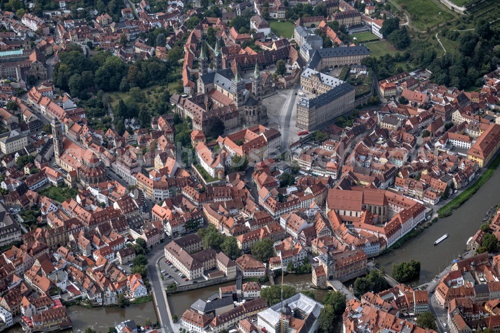 Bamberg from above - Ensemble space with cathedral and new residence in the inner city center in Bamberg in the state Bavaria, Germany