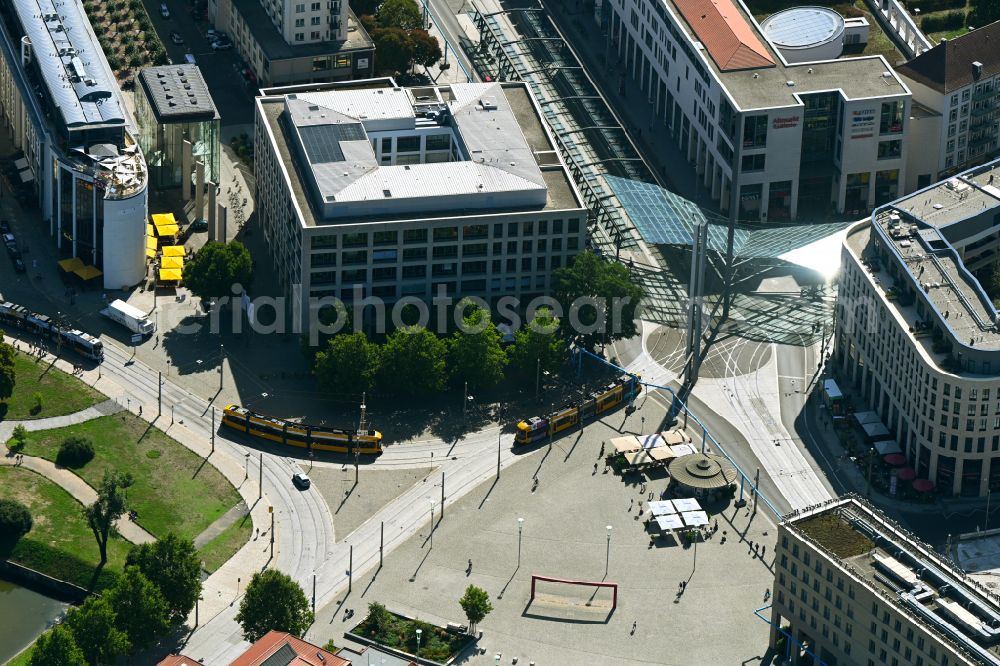 Dresden from the bird's eye view: Ensemble space an place in the inner city center on place Postplatz in the district Altstadt in Dresden in the state Saxony, Germany