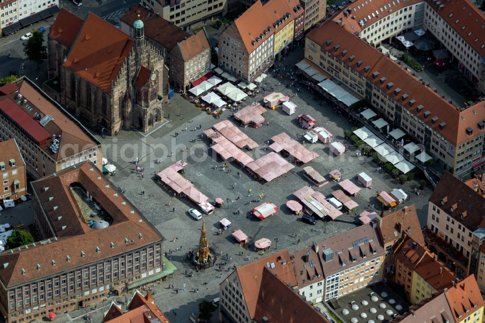 Nürnberg from above - Ensemble space Hauptmarkt Nuernberg in the inner city center in Nuremberg in the state Bavaria, Germany