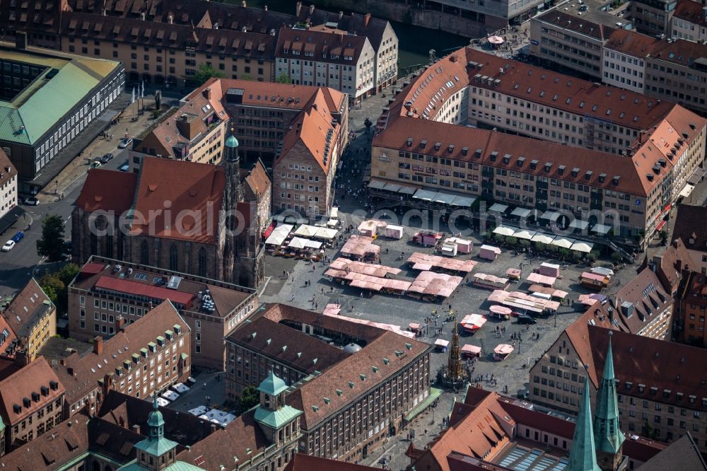 Nürnberg from above - Ensemble space Hauptmarkt Nuernberg in the inner city center in Nuremberg in the state Bavaria, Germany