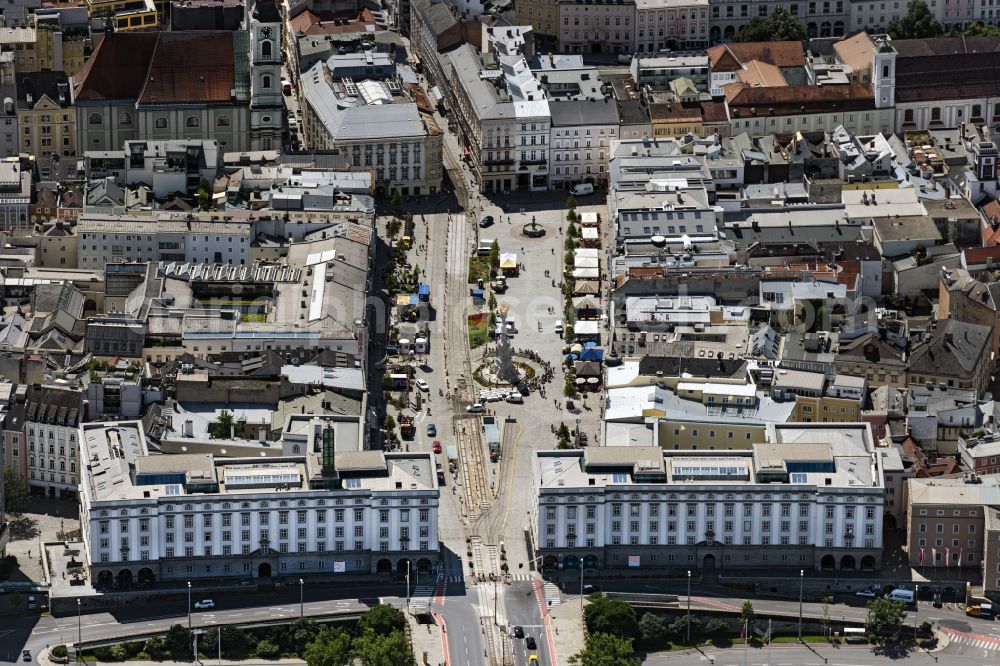 Linz from above - Ensemble space an place in the inner city center on place Hauptplatz in the district Innenstadt in Linz in Oberoesterreich, Austria