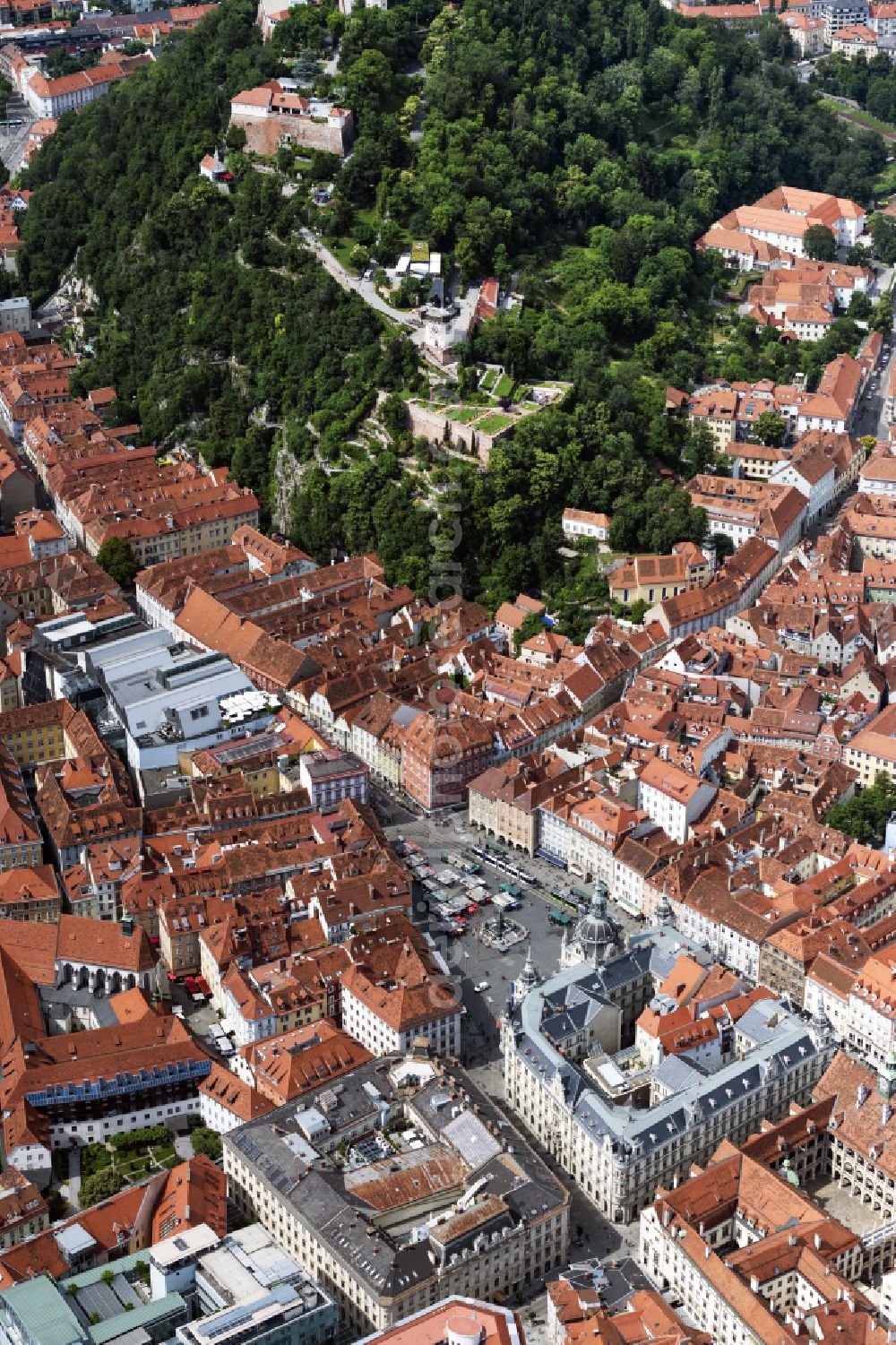 Graz from above - Ensemble space Hauptplatz and Rathaus in the inner city center on place Hauptplatz in Graz in Steiermark, Austria