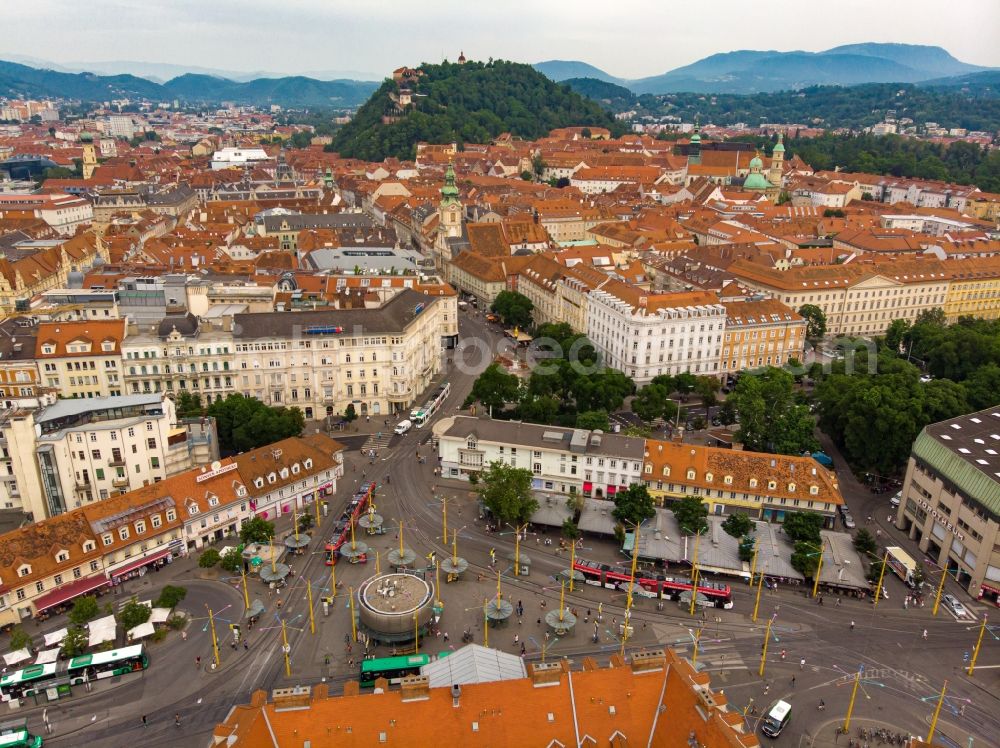 Graz from the bird's eye view: Ensemble space an place Jakominiplatz in the inner city center in Graz in Steiermark, Austria