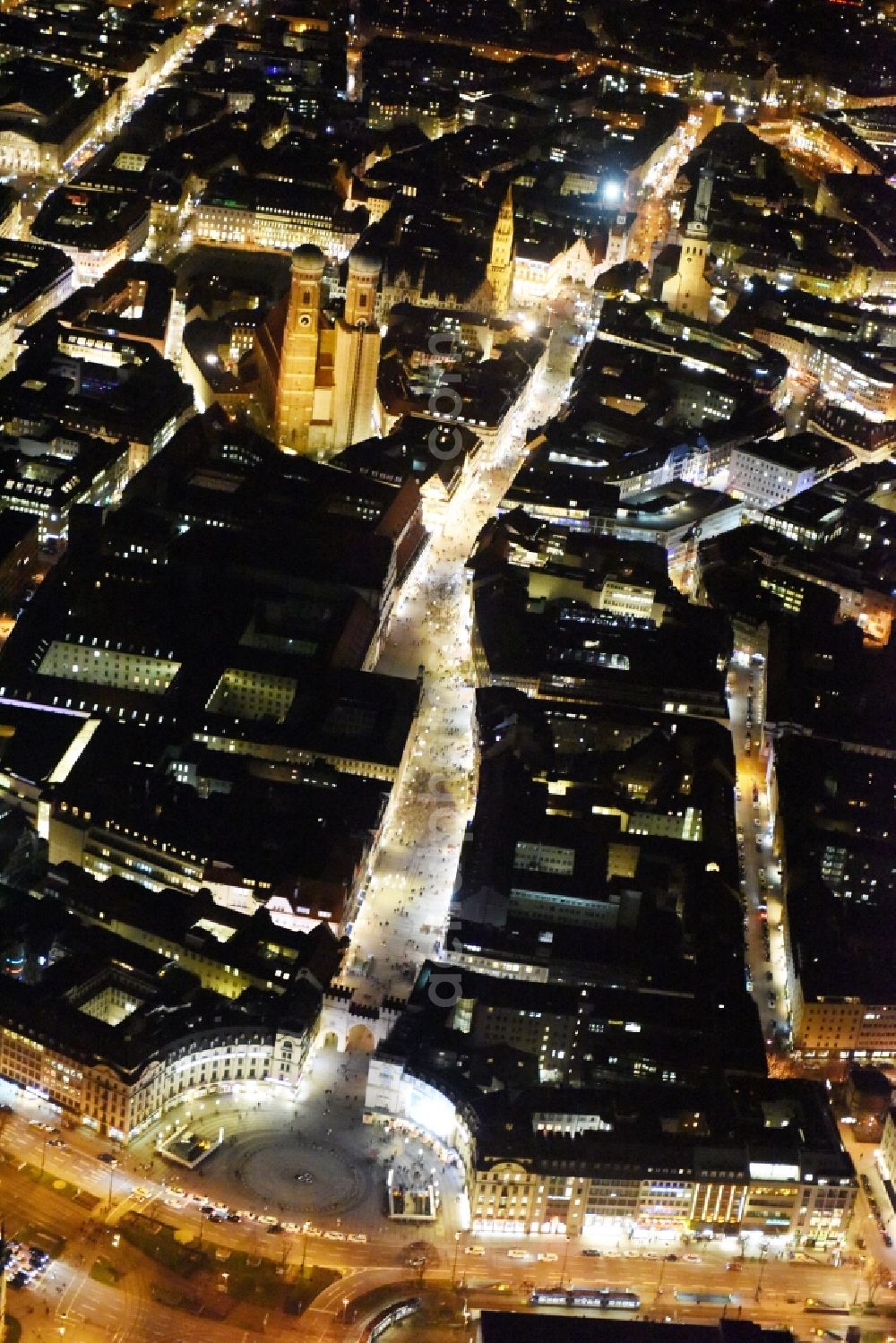 München from above - Night view of Space Ensemble Karlsplatz Stachus to Neuhauser Strasse in the inner city center in Munich in Bavaria