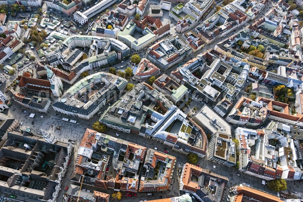 München from above - Ensemble space an place Marienplatz and die Fussgaengerzone along the Kaufingerstrasse in the inner city center in Munich in the state Bavaria, Germany