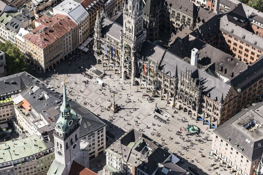 München from above - Ensemble space Marienplatz on Town Hall in the inner city center in Munich in the state Bavaria, Germany