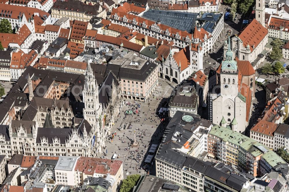 Aerial image München - Ensemble space Marienplatz on Town Hall in the inner city center in Munich in the state Bavaria, Germany