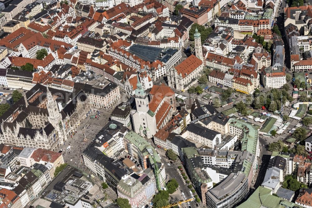 München from above - Ensemble space Marienplatz on Town Hall in the inner city center in Munich in the state Bavaria, Germany