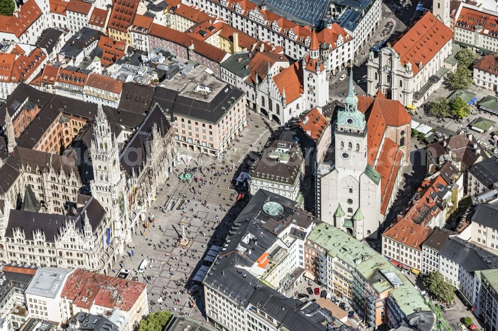 Aerial image München - Ensemble space Marienplatz on Town Hall in the inner city center in Munich in the state Bavaria, Germany