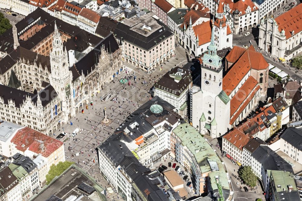 München from above - Ensemble space Marienplatz on Town Hall in the inner city center in Munich in the state Bavaria, Germany