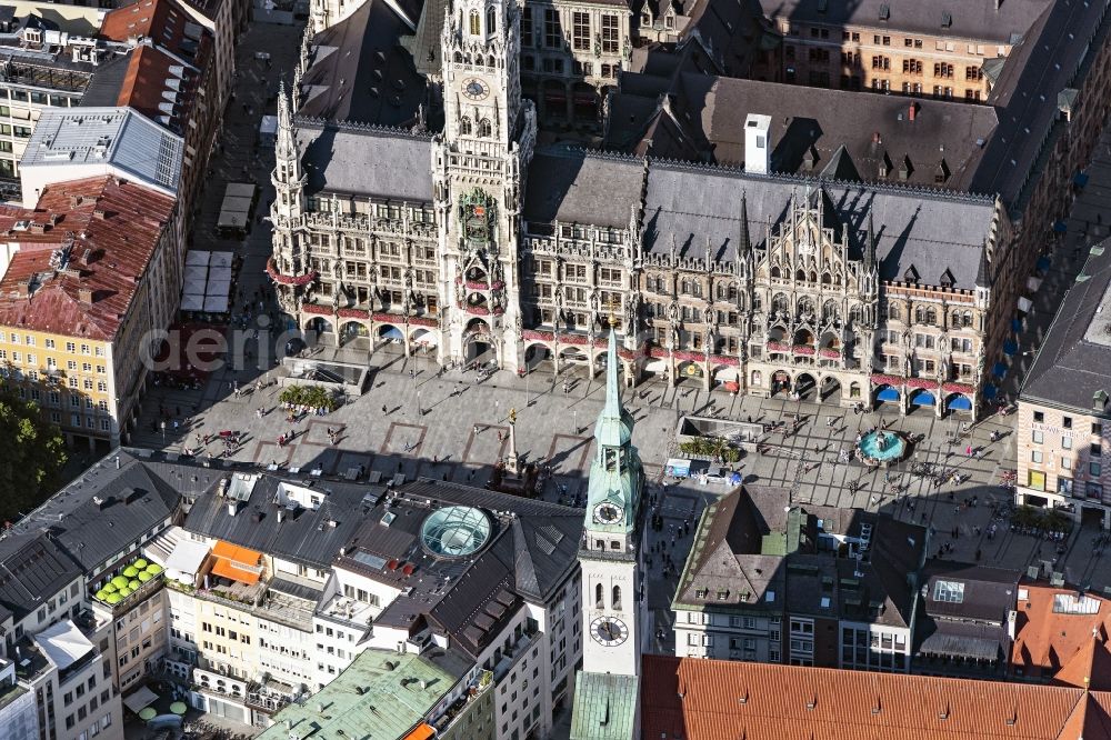 Aerial image München - Ensemble space Marienplatz on Town Hall in the inner city center in Munich in the state Bavaria, Germany