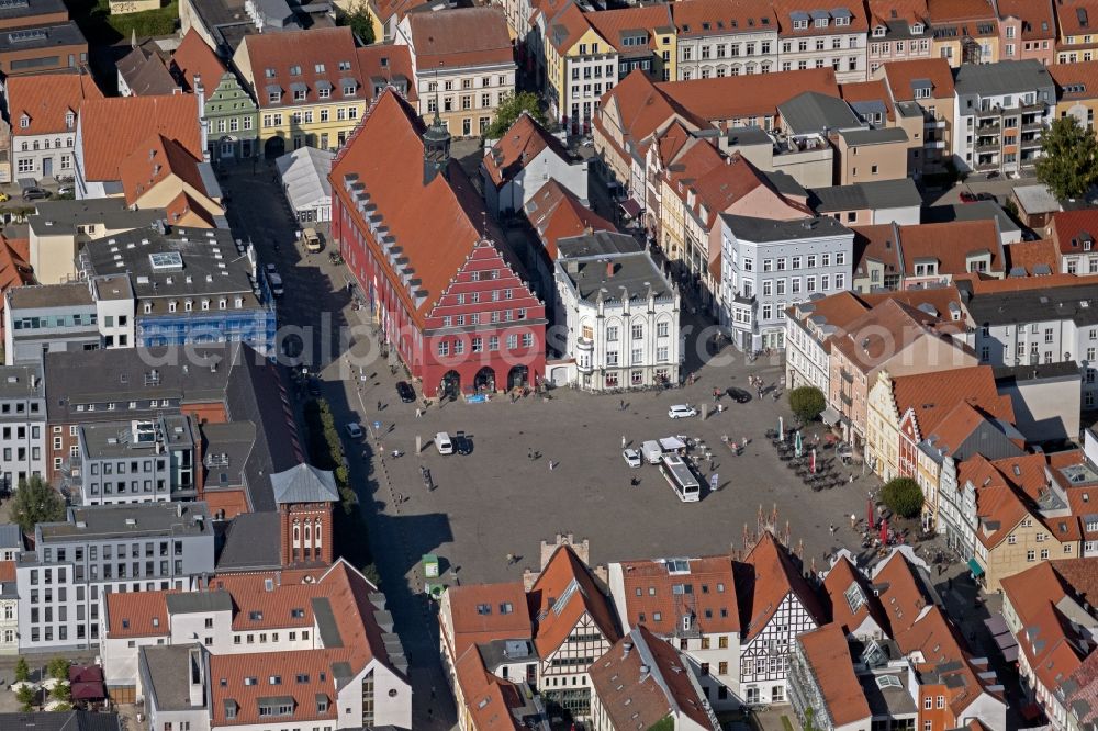 Greifswald from above - Ensemble space an place market with the town hall in the old town and downtown area in the inner city center in Greifswald in the state Mecklenburg - Western Pomerania, Germany