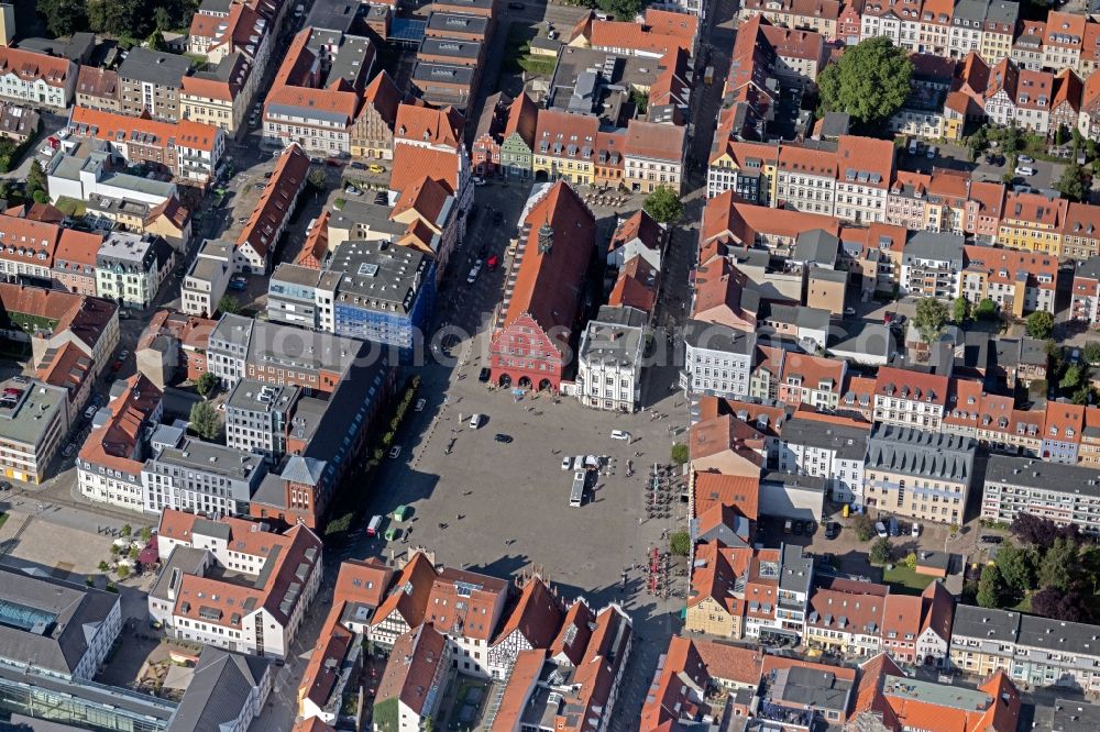 Greifswald from above - Ensemble space an place market with the town hall in the old town and downtown area in the inner city center in Greifswald in the state Mecklenburg - Western Pomerania, Germany