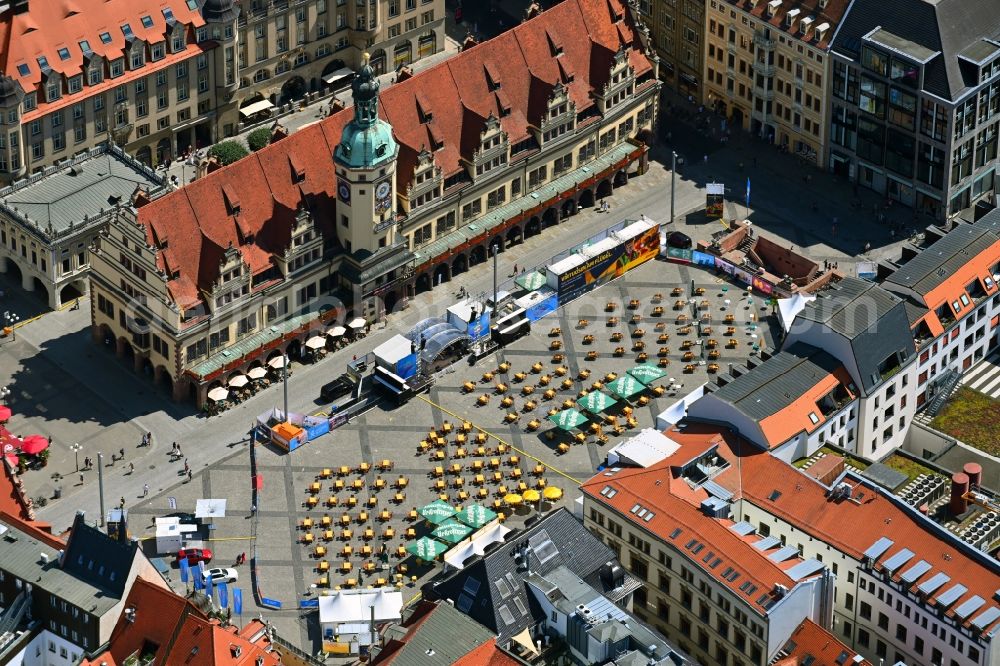 Aerial image Leipzig - Ensemble space an place Marktplatz in the inner city center in the district Altstadt in Leipzig in the state Saxony, Germany