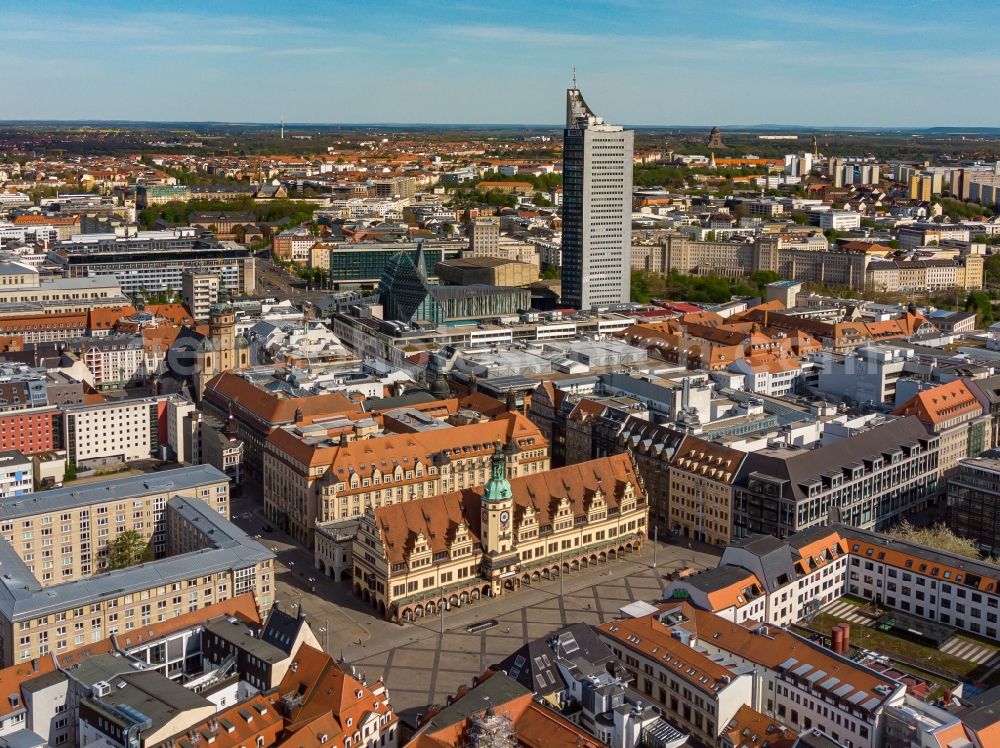 Leipzig from above - Ensemble space an place Marktplatz in the inner city center in the district Altstadt in Leipzig in the state Saxony, Germany