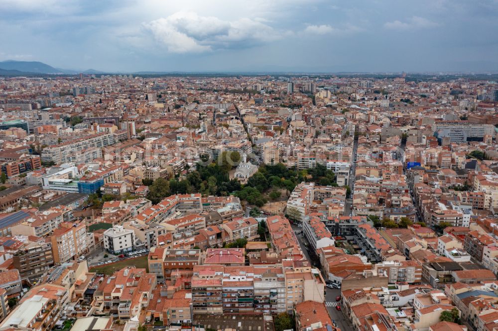 Aerial image Terrassa - Ensemble space an place with of Masia Freixa in the inner city center on street Placa de Sant Oleguer in Terrassa in Catalunya - Katalonien, Spain