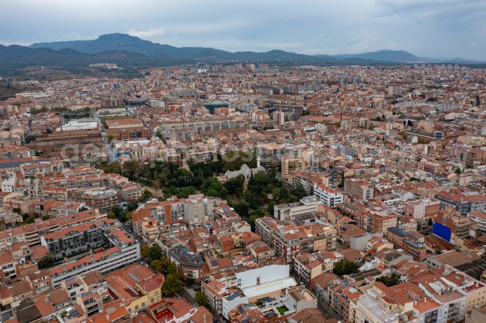 Aerial photograph Terrassa - Ensemble space an place with of Masia Freixa in the inner city center on street Placa de Sant Oleguer in Terrassa in Catalunya - Katalonien, Spain