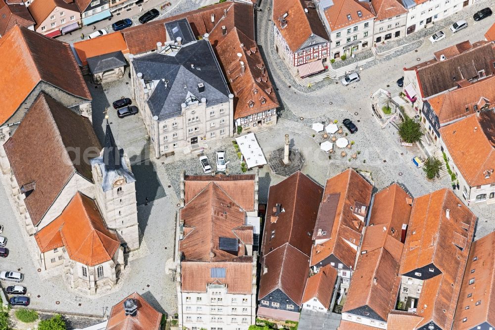 Aerial image Marktrodach - Ensemble space an place Melchior-Otto-Platz with of Stadtpfarrkirche St,Johannes of Taeufer in the inner city center in Marktrodach in the state Bavaria, Germany