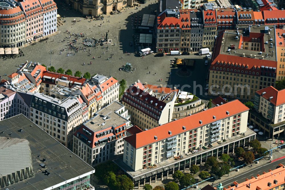 Aerial photograph Dresden - Ensemble space an place Neumarkt in the inner city center in the district Altstadt in Dresden in the state Saxony, Germany