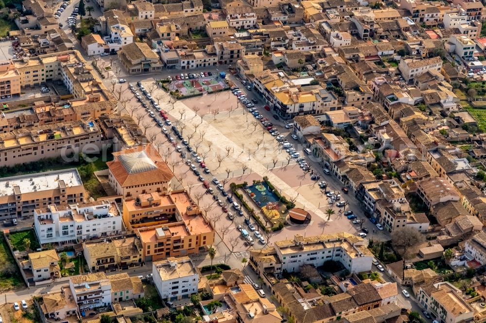 Santa Maria del Cami from the bird's eye view: Square ensemble Placa Nova in the east of Santa Maria del Cami in Balearic Island Mallorca, Spain