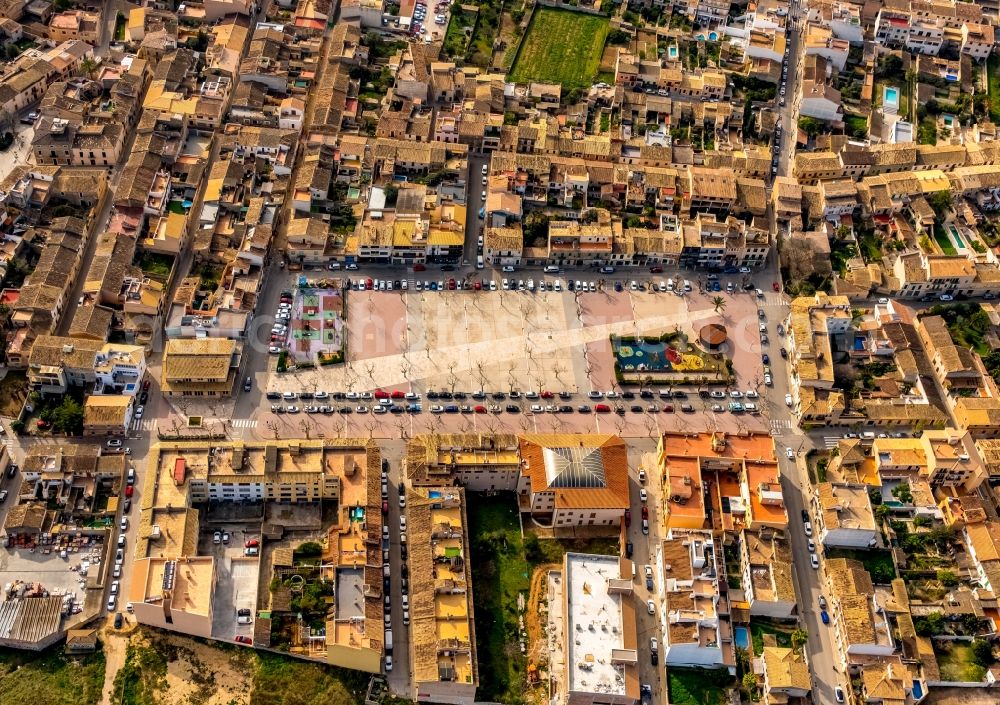 Aerial image Santa Maria del Cami - Square ensemble Placa Nova in the east of Santa Maria del Cami in Balearic Island Mallorca, Spain