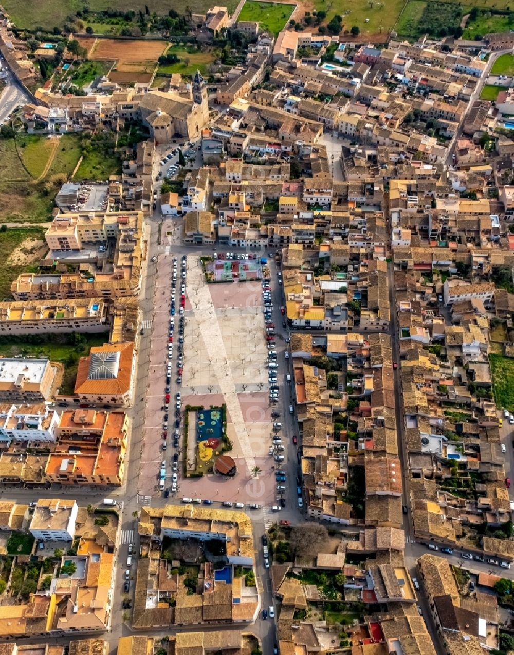 Santa Maria del Cami from the bird's eye view: Square ensemble Placa Nova in the east of Santa Maria del Cami in Balearic Island Mallorca, Spain