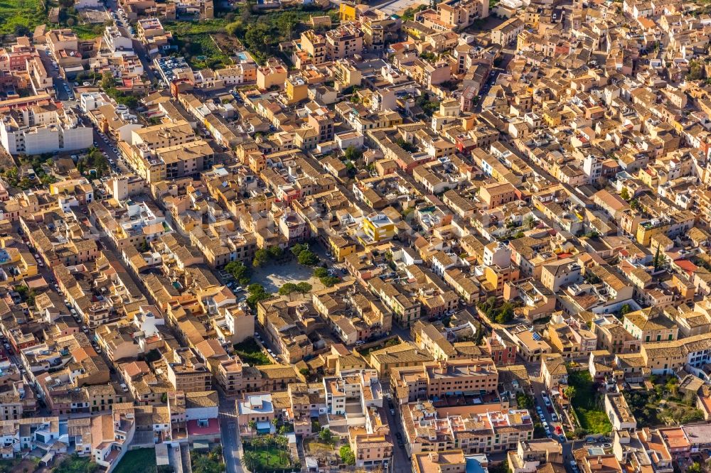 Aerial image Andratx - Ensemble space Placa Espana in the inner city center in Andratx in Balearic Islands, Spain