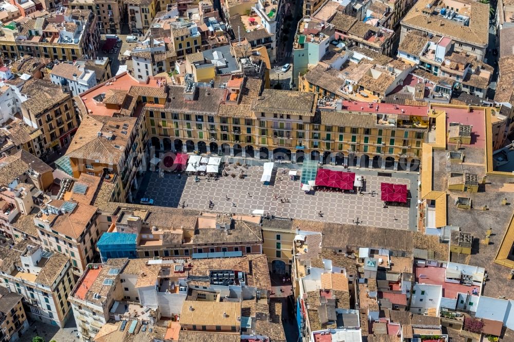 Aerial image Palma - Ensemble space an place Placa Major in the inner city center in the district Centre in Palma in Balearic island of Mallorca, Spain