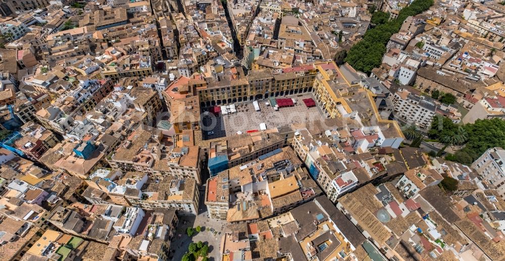 Aerial image Palma - Ensemble space an place Placa Major in the inner city center in the district Centre in Palma in Balearic island of Mallorca, Spain