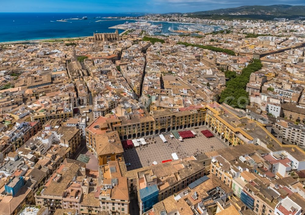 Palma from above - Ensemble space an place Placa Major in the inner city center in the district Centre in Palma in Balearic island of Mallorca, Spain