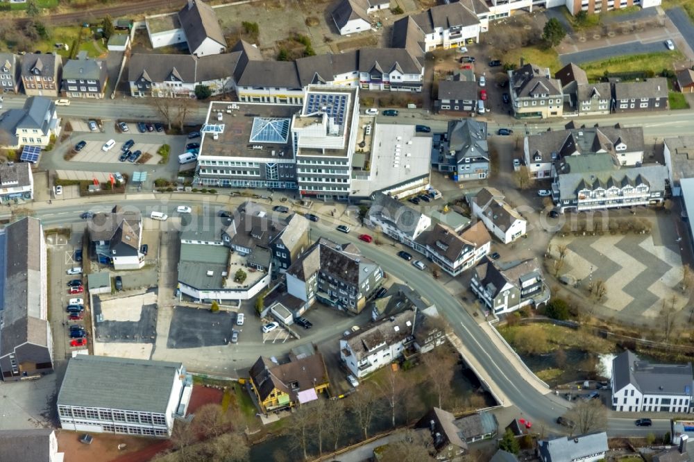 Aerial image Bad Berleburg - Ensemble space an place between Poststrasse and Schulstrasse in the inner city center in Bad Berleburg on Siegerland in the state North Rhine-Westphalia, Germany