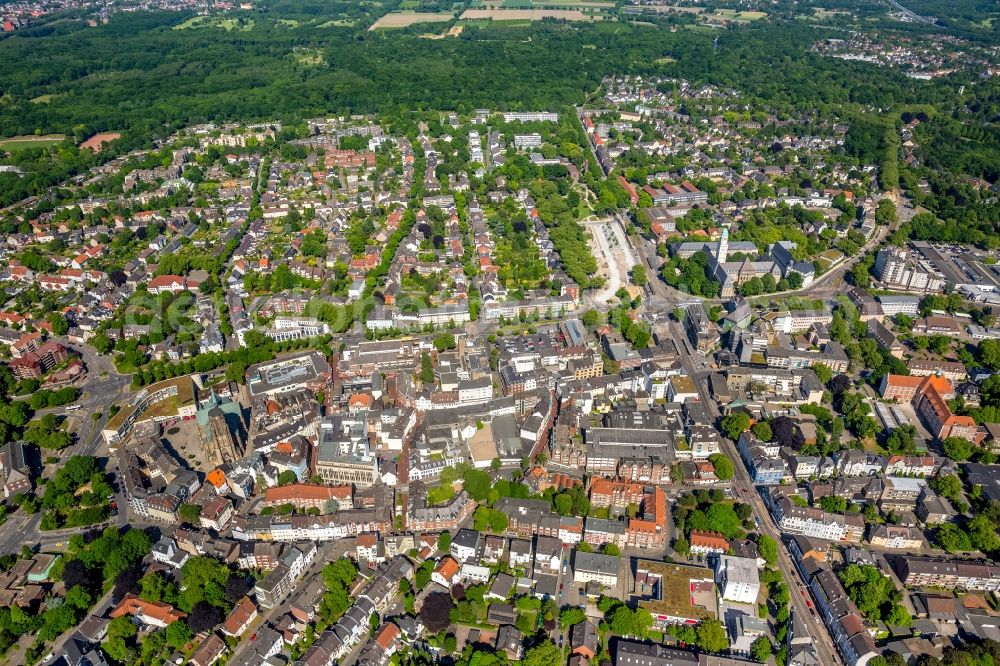 Gelsenkirchen from above - Ensemble space Sankt - Urbanus - Kirchplatz in the inner city center in the district Buer in Gelsenkirchen in the state North Rhine-Westphalia, Germany