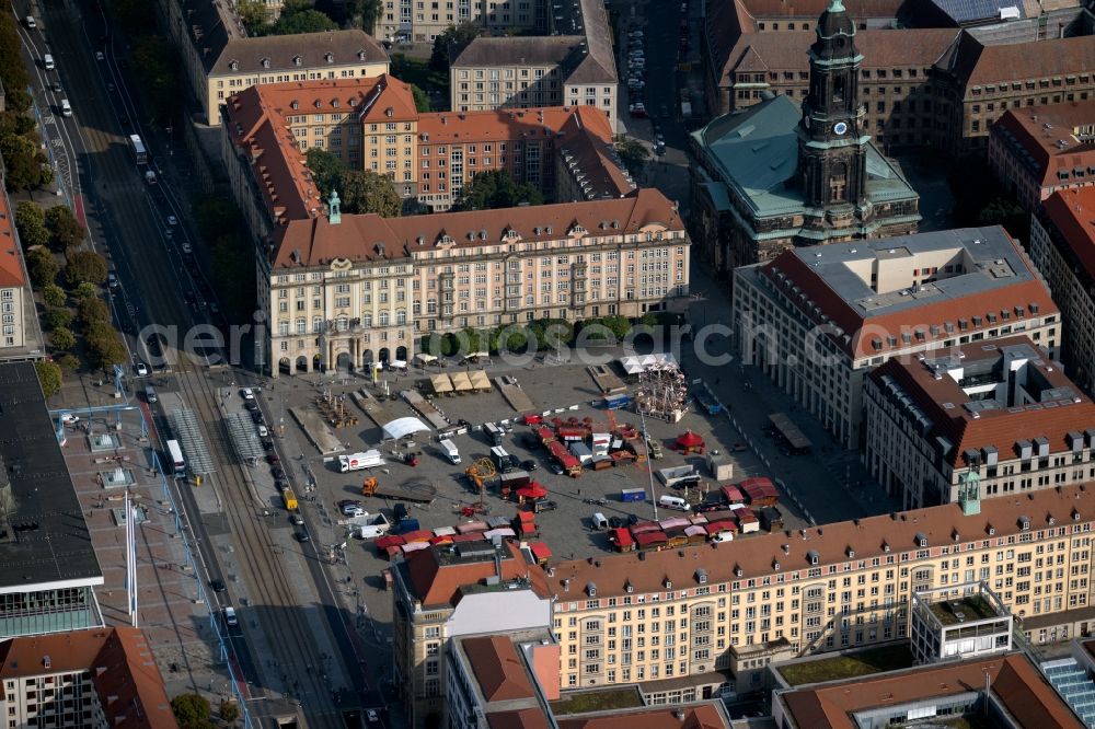 Dresden from above - Ensemble space an place of Striezelmarkt on Altmarkt in the inner city center in the district Altstadt in Dresden in the state Saxony, Germany