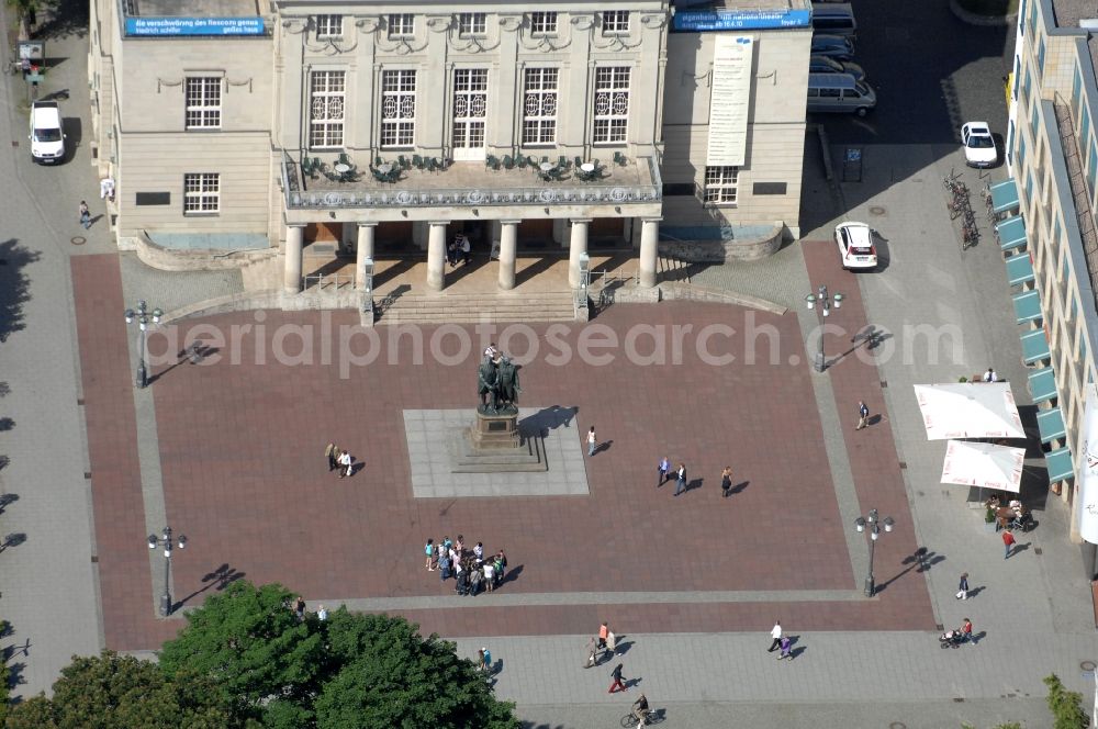 Weimar from above - Ensemble space an place Theaterplatz with dem Goethe-Schiller-Denkmal bevore the theater Deutsches Nationaltheater in the inner city center in Weimar in the state Thuringia, Germany