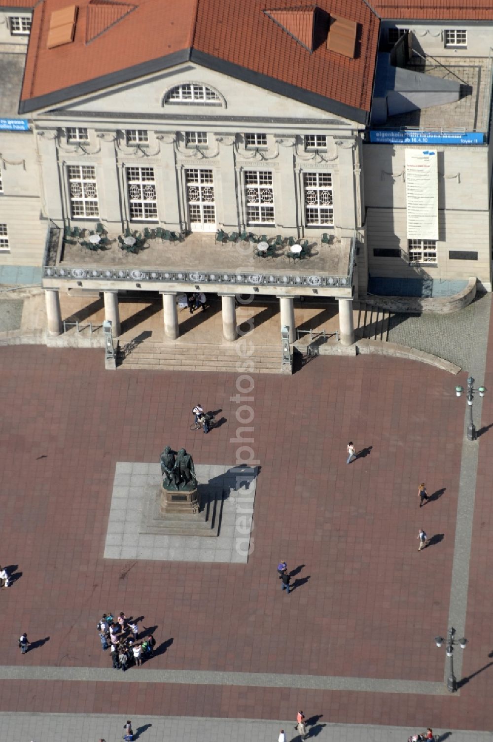 Weimar from above - Ensemble space an place Theaterplatz with dem Goethe-Schiller-Denkmal bevore the theater Deutsches Nationaltheater in the inner city center in Weimar in the state Thuringia, Germany