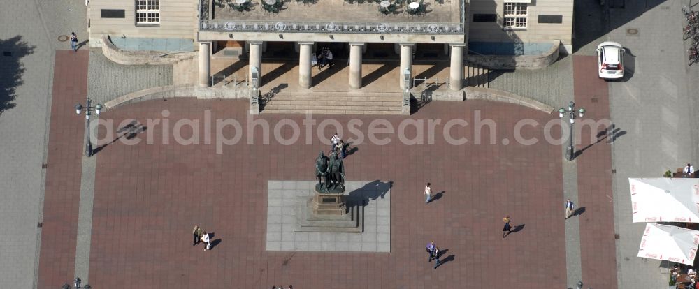 Weimar from above - Ensemble space an place Theaterplatz with dem Goethe-Schiller-Denkmal bevore the theater Deutsches Nationaltheater in the inner city center in Weimar in the state Thuringia, Germany