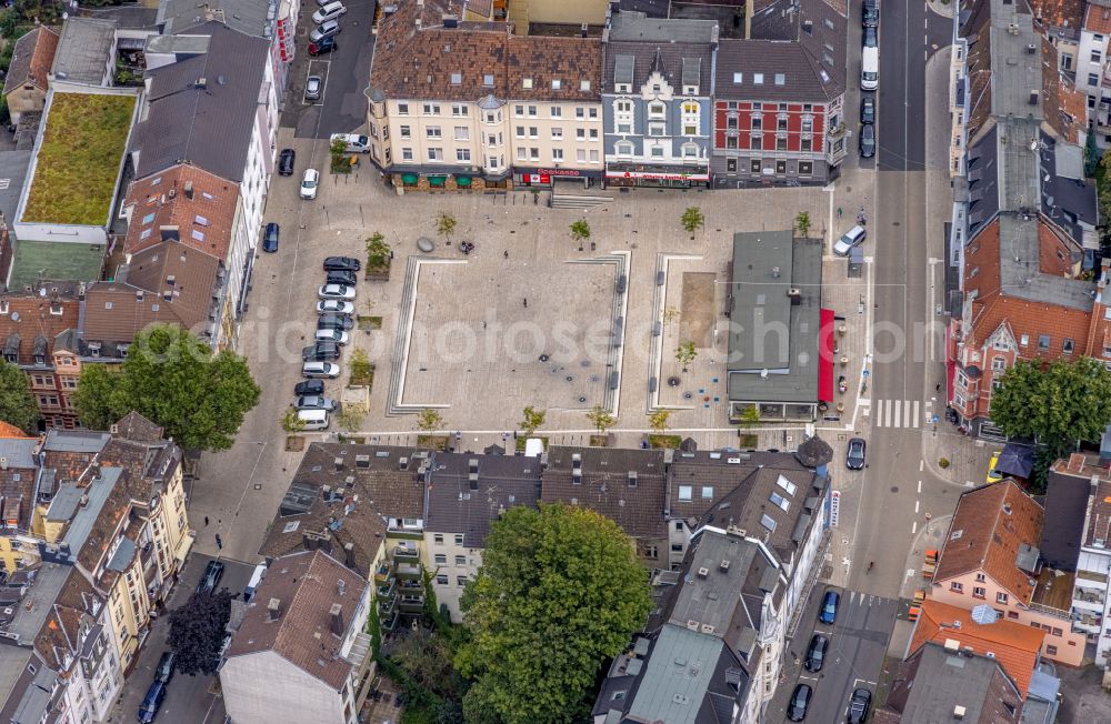 Hagen from the bird's eye view: Ensemble space an place Wilhelmsplatz in the inner city center on street Lange Strasse in Hagen at Ruhrgebiet in the state North Rhine-Westphalia, Germany